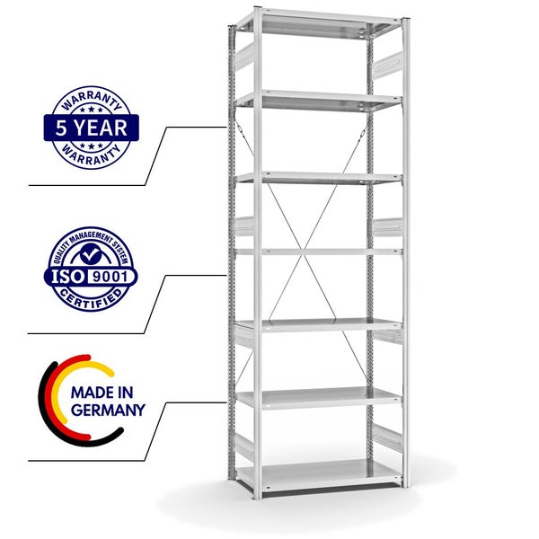 PROREGAL Fachbodenregal Stecksystem T-Profil Heavy-Duty Grundregal HxBxT 300 x 100 x 50 cm 7 Ebenen Fachlast 330 kg Einseitig Nutzbar Lichtgrau