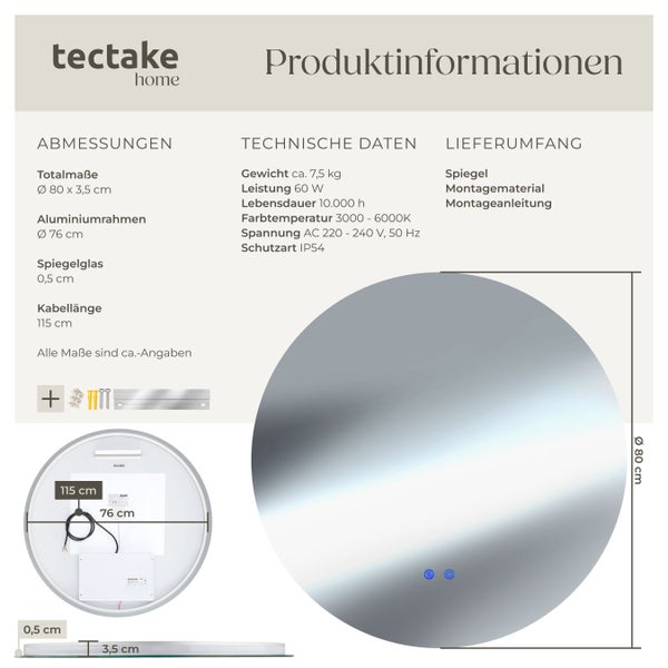 Produktinformationen zu einem runden Spiegel von tectake home mit Maßen, technischen Daten und Lieferumfang.