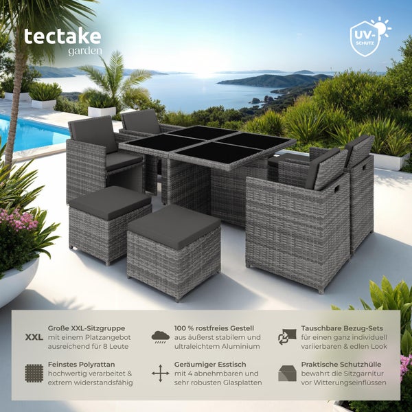 Rattan Sitzgruppe tectake Manhattan 2 Bezugssets, zusammenschiebbar, inklusive Schutzhülle mit Aluminiumgestell grau