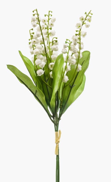 Künstlicher Maiglöckchenstrauß mit weißen Glockenblüten und grünen Blättern, am Stiel gebündelt.