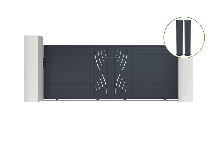 Schiebetor 3,5 m VELETA H.140 cm graues Aluminium + 2 Pfosten 20 x 20 cm H. 166