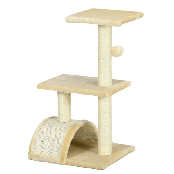 PawHut Kratzbaum 72 cm Katzenturm mit Plüschballen, Sisalstämme, Plattform, Kratzbrett mehrstöckiger Katzenkratzbaum, Kletterbaum, für mittelgroße Katzen, Cremeweiß