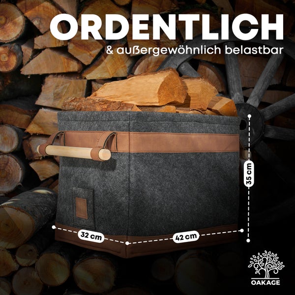 OAKAGE® FireMaster Dunkelgrau Holzkorb Filz - Einhängbarer Zündholzkorb - 42x32x35cm