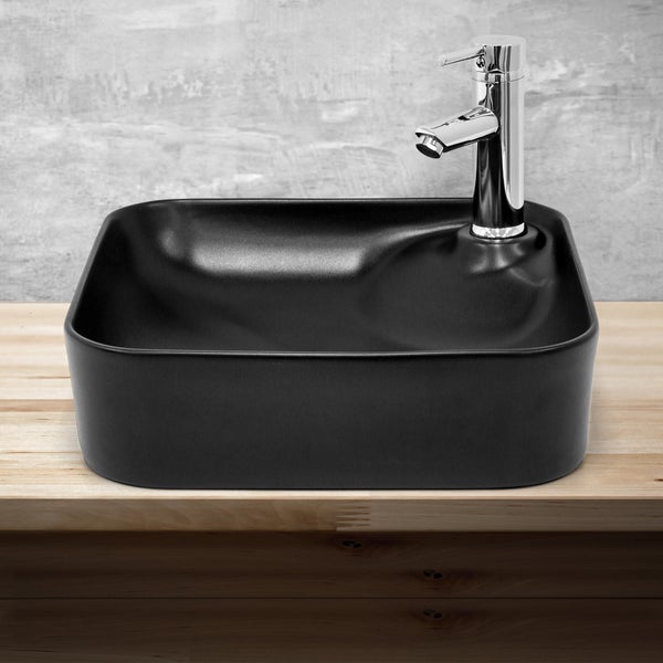 ML-Design Waschbecken aus Keramik Schwarz 43x43x12 cm, Abgerundeten Ecken, Aufsatzwaschbecken, Moderne Waschtisch, Waschschale mit Abflussloch, Waschplatz Handwaschbecken, für Badezimmer / Gäste-WC