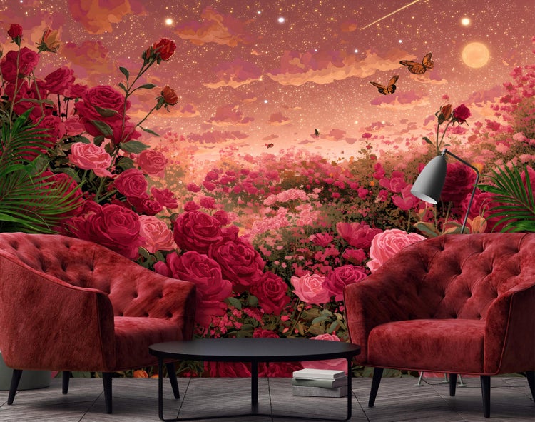 Wohnzimmer mit rotem Sessel, Couchtisch und Rosen-Tapete