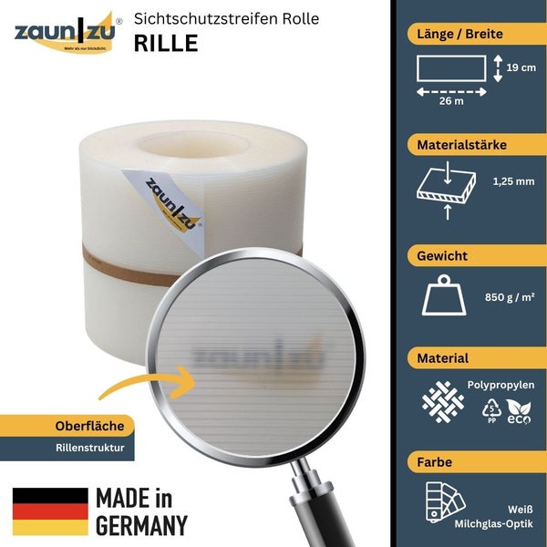 Zaun zu Sichtschutzstreifen Rolle Rille aus Polypropylen, 26 Meter Länge und 19 Zentimeter Breite