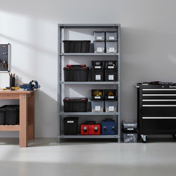 Organisierte Werkstatt mit grauem Schwerlastregal, bestückt mit Lagerboxen, neben einer Werkbank aus Holz und einem schwarzen Werkzeugwagen.
