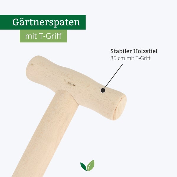 Stabiler Holzstiel für Gärtnerspaten, Länge 85 Zentimeter, mit T-Griff aus Holz.