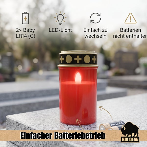 LED Grablicht mit Batteriebetrieb auf einem Grabstein mit Symbolen für Batterietyp, Lichtquelle, einfacher Wechsel und Hinweis zu Batterien.