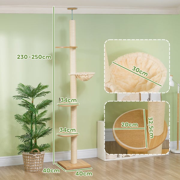 PawHut Kratzbaum, Katzenkratzbaum Deckenhoch, 230-250 cm, Kletterbaum mit Hängematte, Katzenbaum Höhenverstellbar, Spielbaum mit Kippschutz, Plüsch, Eiche+Cremeweiß