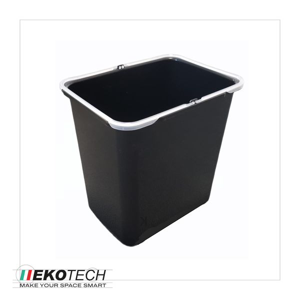 Ekotech Abfalleimer aus Kunststoff in Schwarz mit grauem Rand. Ekotech Logo.