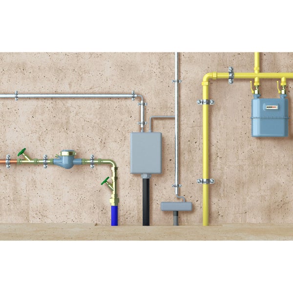 Installation mit Wasserzähler, Stromkasten und Gaszähler an der Wand