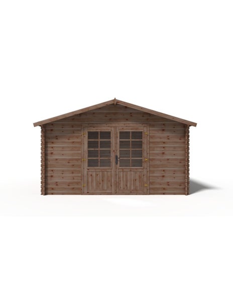 Gartenhaus aus Holz mit Satteldach und einer Doppeltür mit Fenstern.