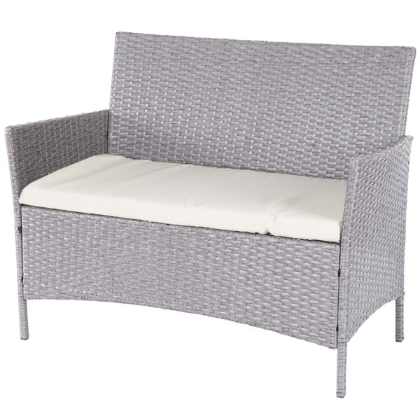 Gartenbank aus Polyrattan in Grau mit hellem Sitzkissen, Zwei-Sitzer.