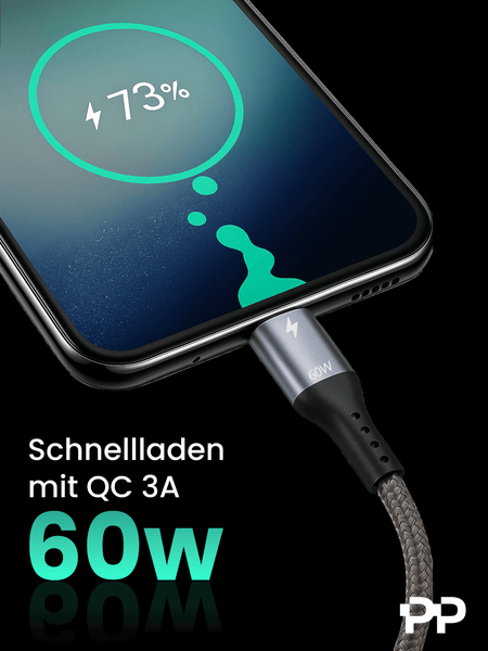 ProfiPatch USB A auf USB C Kabel 60W QC 3A 0,5m grau Goldkontakt Textil