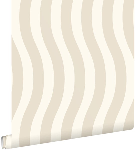 Beige Vliestapete mit weißem vertikalem Wellenmuster