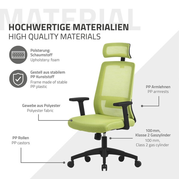 ML-Design Bürostuhl ergonomisch, Grün, Mesh, Schreibtischstuhl mit Verstellbarer Kopfstütze, Armlehnen, Lendenwirbelstütze, Wippfunktion, Drehstuhl mit Rollen, Computerstuhl Chefsessel Gaming Stuhl
