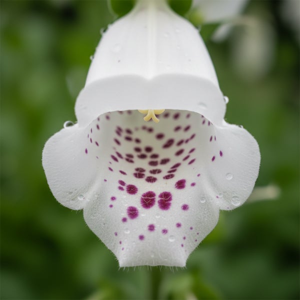 Nahaufnahme einer weißen Fingerhutblüte mit lila Punkten im Inneren und Wassertropfen auf den Blütenblättern.