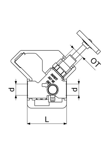 Technische Zeichnung eines Schrägsitzventils mit Maßangaben für Länge L, Durchmesser d und Oberteil OT.