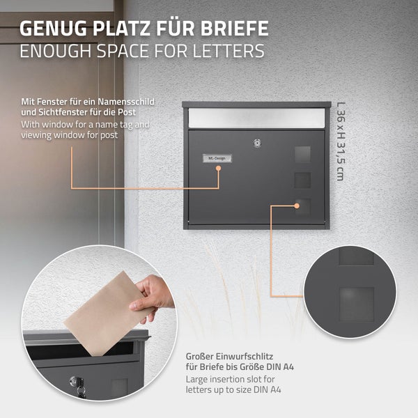 ECD Germany Design Briefkasten mit Pfosten, Standbriefkasten mit Namensschild, Briefkastenanlage, Briefkastenständer Anthrazit 120 cm Edelstahl, Postkasten Anthrazit-Silber Edelstahl pulverbeschichtet
