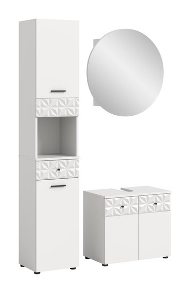 Badezimmermöbel-Set in Weiß mit Hochschrank, Waschbeckenunterschrank und rundem Spiegel, Fronten mit geometrischem dreidimensionalem Muster.