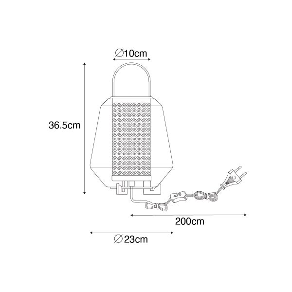 Technische Zeichnung einer Tischleuchte mit den Maßen: Höhe 36,5 cm, Durchmesser oben 10 cm, Durchmesser unten 23 cm, Kabellänge 200 cm
