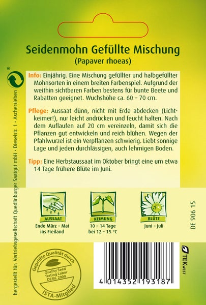 Rückseite einer Samentüte für Stiefmütterchen Schweizer Riesen Firnengold mit Pflanzanleitung, Kultursymbolen, Gütesiegel und Barcode.