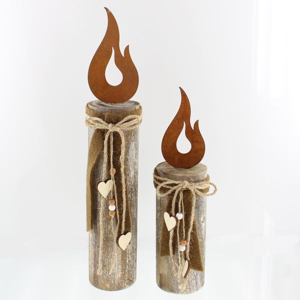 FRANK FLECHTWAREN | Säule Flammendes Herz, 2er Set, HOLZ, METALL, Höhe 33 cm, 45 cm