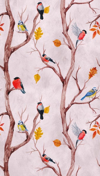 Illustration mit Bäumen, Blättern und Vögeln