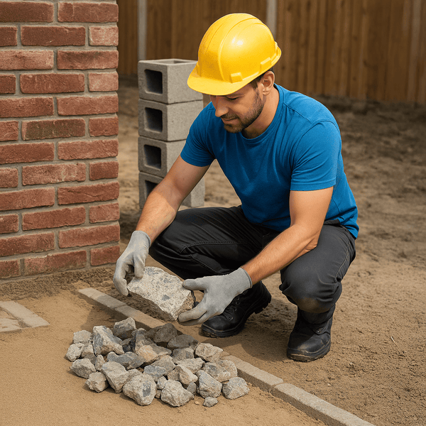Mann mit Schutzhelm verlegt Pflastersteine im Garten.