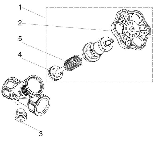 Explosionszeichnung eines Schrägsitzventils mit nummerierten Ersatzteilen wie Handrad, Oberteil und Entleerungsstopfen.