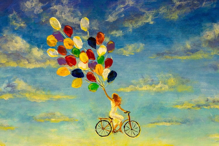 Gemälde einer Frau auf einem Fahrrad, die einen großen Ballonstrauß gegen einen bewölkten Himmel hält.