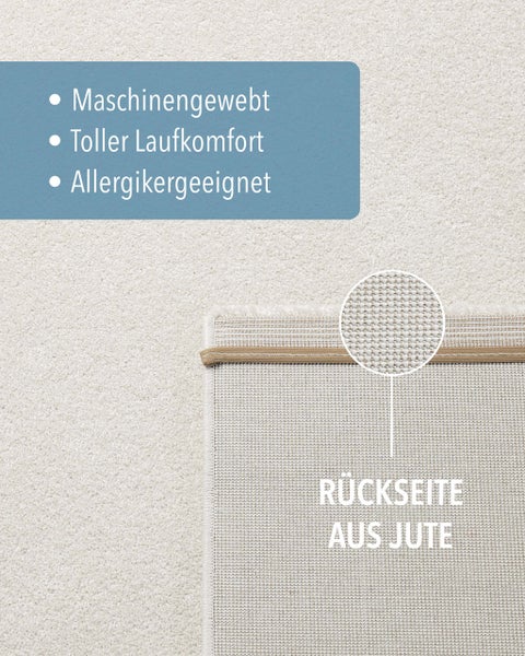 Maschinengewebter Teppich mit hohem Laufkomfort, allergikergeeignet und Juterücken.