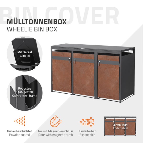 Dreier-Mülltonnenbox mit Fronten aus Corten-Stahl und pulverbeschichtetem Stahlgestell, inklusive Deckel und Magnetverschluss, erweiterbar.