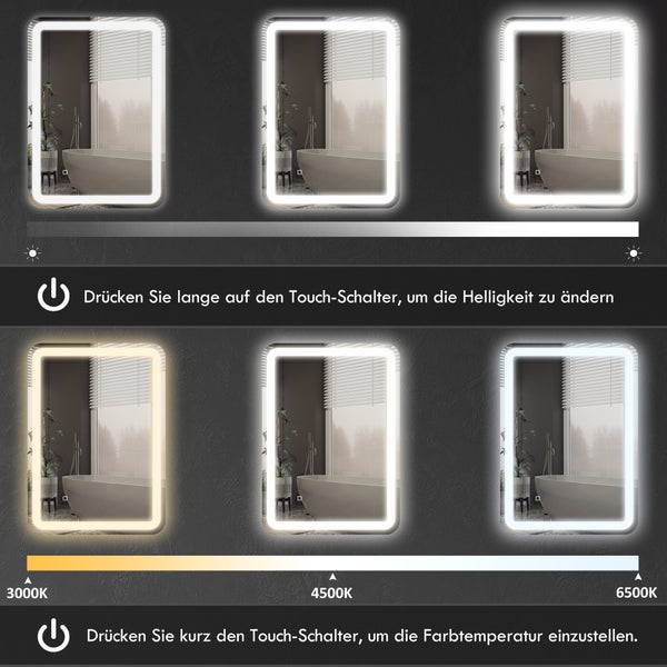 HOMCOM Badspiegel, 50 x 70 cm LED Badezimmerspiegel mit 3 Lichtfarben, Wandspiegel mit Touch-Schalter, Memory-Funktion, Lichtspiegel mit Anti-Beschlag, IP44
