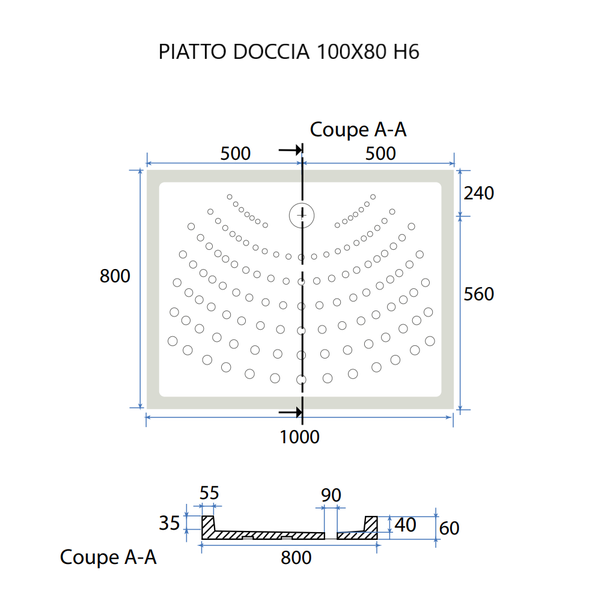 Duschwanne Cm 100X80 H 6 aus weißer Keramik | Malta