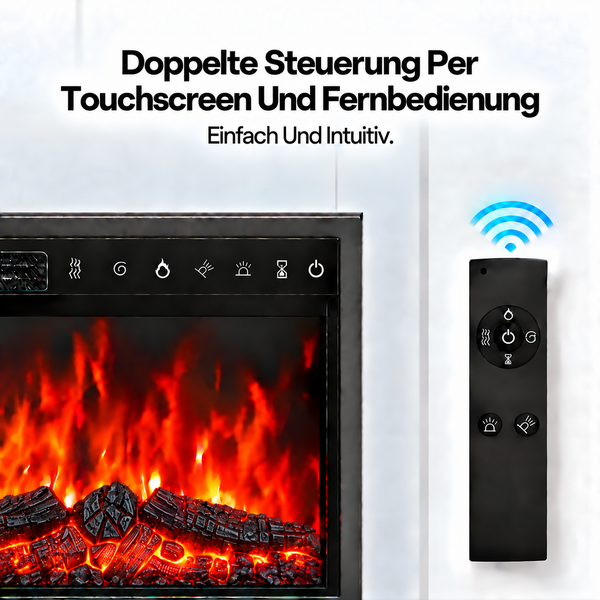 Elektrischer Kamin mit Touchscreen Steuerung und Fernbedienung fuer einfache Bedienung des Flammeneffekts und der Heizleistung.