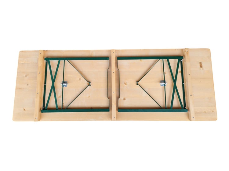 Unterseite eines Biertischs aus Holz mit eingeklappten Metallbeinen.