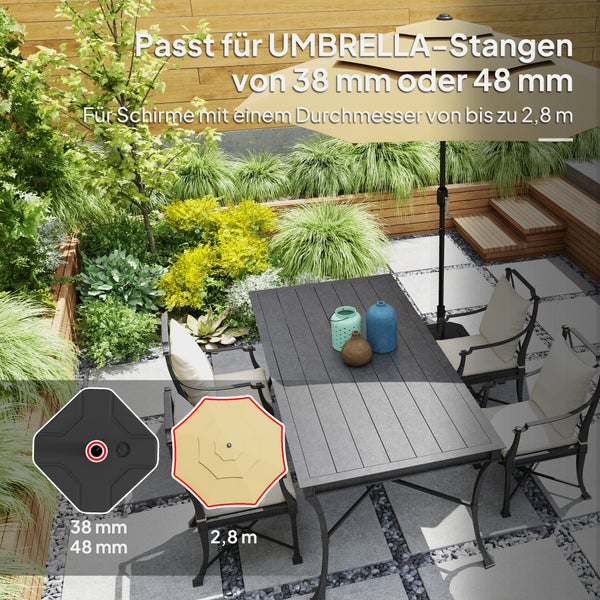 Szene im Garten mit Gartentisch, Stühlen und Sonnenschirm