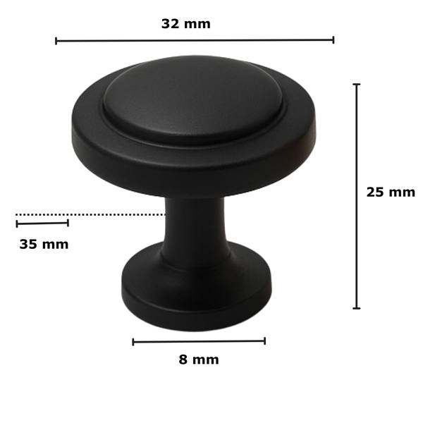 Möbelknopf mit den Maßen 32 mm, 25 mm, 35 mm und 8 mm