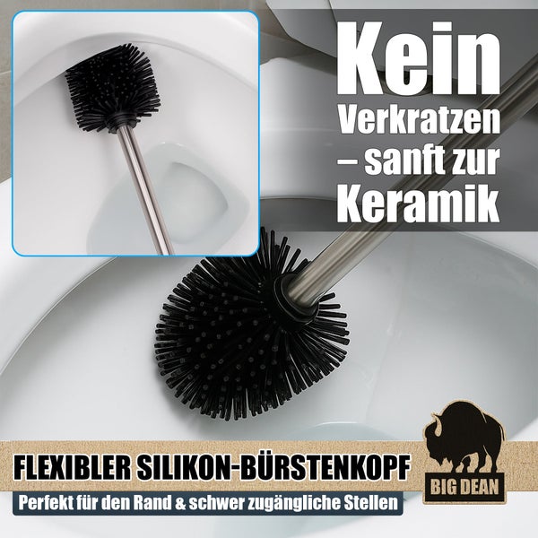 WC Bürste mit flexiblem Silikon Bürstenkopf und Stiel aus Metall für eine kratzfreie Reinigung der Toilette von Big Dean