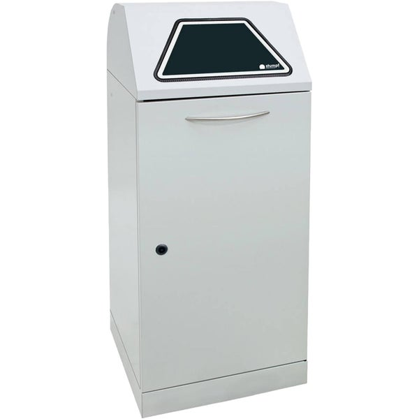 Wertstoffsammler aus Stahlblech mit verschließbarer Tür und trapezförmiger Einwurföffnung, Stumpf Logo.