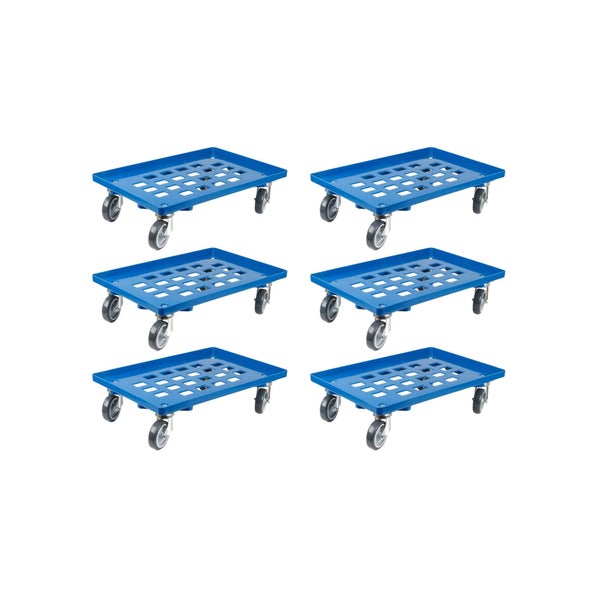 PROREGAL SparSet 6x Transportroller für Euroboxen 60 x 40 cm mit Gummiräder Blau Gitter/Rasterdeck 2 Lenkrollen und 2 Bockrollen Traglast 300 kg