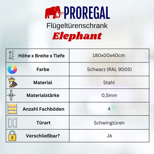 Produktspezifikationen des Flügeltürenschranks Elephant von Proregal: 180 x 00 x 40 cm, Stahl, 4 Fachböden, abschließbar