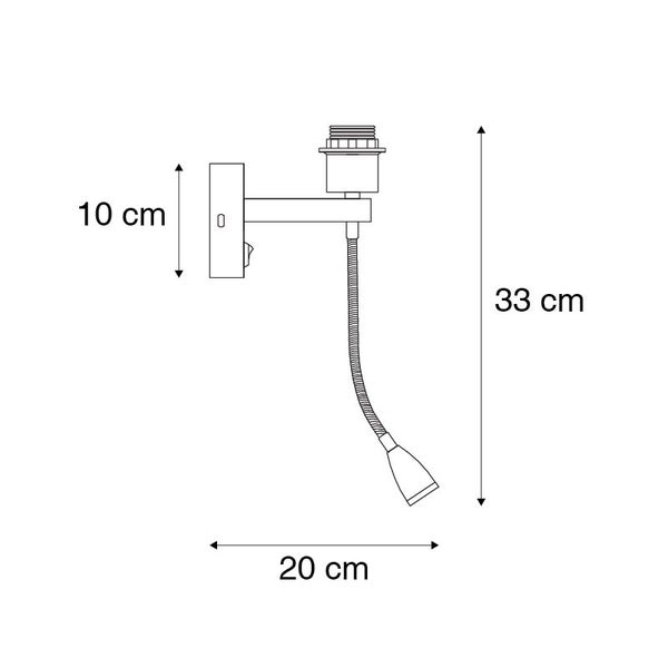 Technische Zeichnung einer flexiblen Wandleuchte mit den Maßen 10 cm, 20 cm und 33 cm.