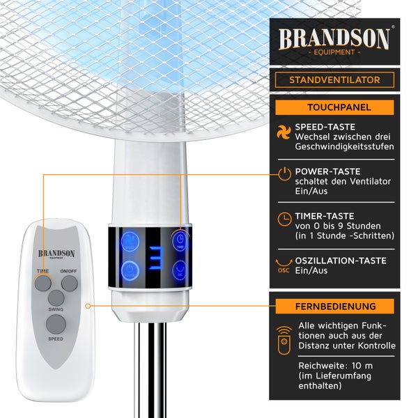 Brandson Standventilator, Standlüfter leise, Ventilator, höhenverstellbarer Standfuß, Neigungswinkel 30° verstellbar, inkl. Fernbedienung
