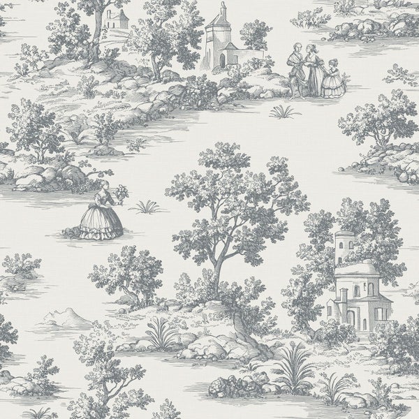 Tapete mit Toile-de-Jouy-Muster, ländliche Landschaft mit Bäumen, Gebäuden und Figuren im klassischen Stil.