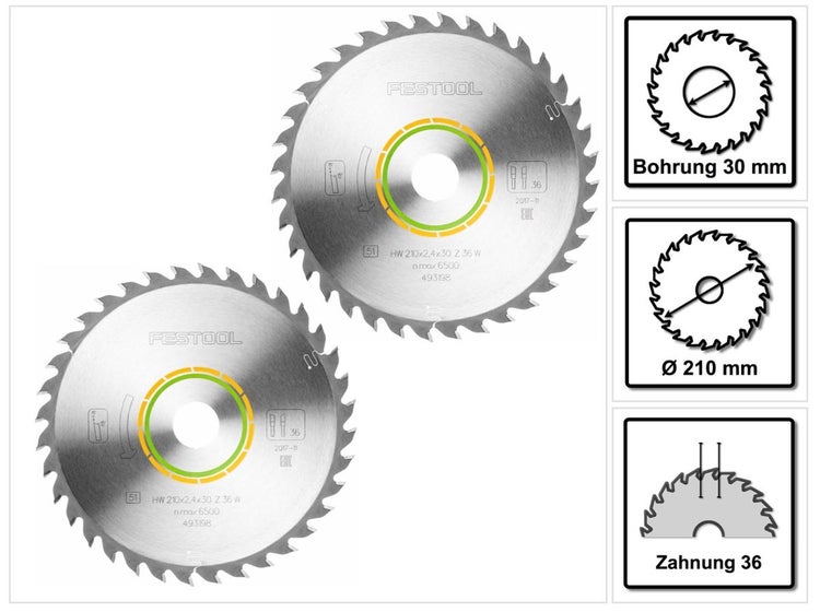 Festool Universal Sägeblatt W36 210 x 2,4 x 30 mm 2 Stk. ( 2x 493198 ) für Tauchsäge TS 75