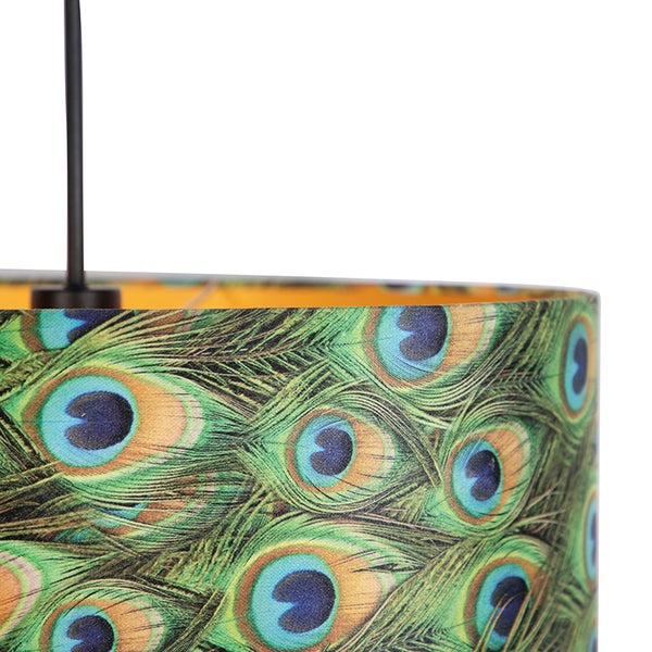 Detailansicht eines runden Lampenschirms mit einem Muster aus Pfauenfedern für Pendelleuchten.