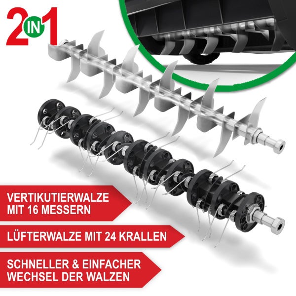 Vertikutierwalze mit 16 Messern und Lüfterwalze mit 24 Krallen, schneller und einfacher Wechsel der Walzen.